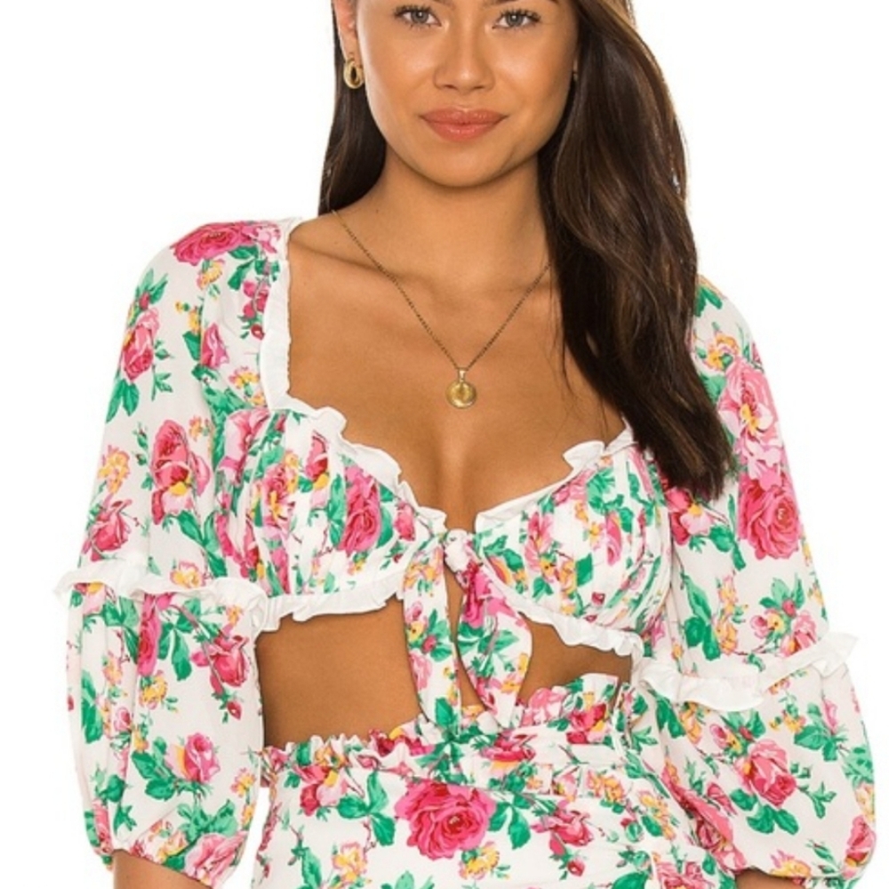 For The Love Of Lemons Cropped Top loral Puff Sleeve Crop Top Size Xsmall Brand